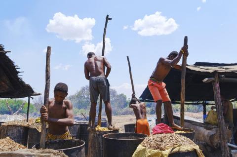 African men produce rum from sugarcane they pound all day with long sticks